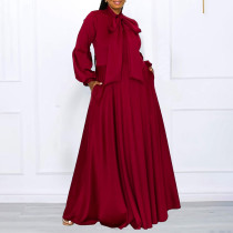 Fashion Plus Size Lace Up Bubble Sleeve High Waist Swing Long Dress Dress