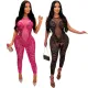 Sexy beaded sleeveless round neck perspective jumpsuit