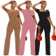 Fashion square neck short sleeve high elastic thread casual two-piece set