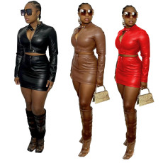 Fashion casual four seasons models PU leather zipper skirt two-piece set