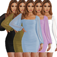 Fashion Square Neck Flared Sleeve Mesh Pleated Sexy Dresses