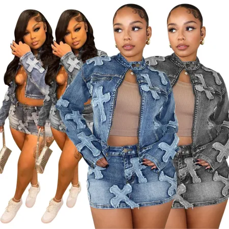 Hot selling denim embroidered short skirt jacket set