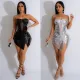 Sexy Beaded mesh see-through splicing irregular hem split mini skirt