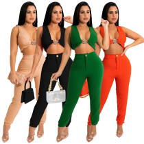 Fashion Solid Color Sleeveless Vest Leggings Set