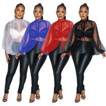 Sexy See-Through Mesh Beaded Bat Sleeve Top