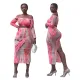 Fashion Long Sleeve Strapless Mesh Printed Back Split Dress Set