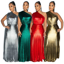 Fashion Slant Neck Sleeveless Slimming Pressure Pleat Dress