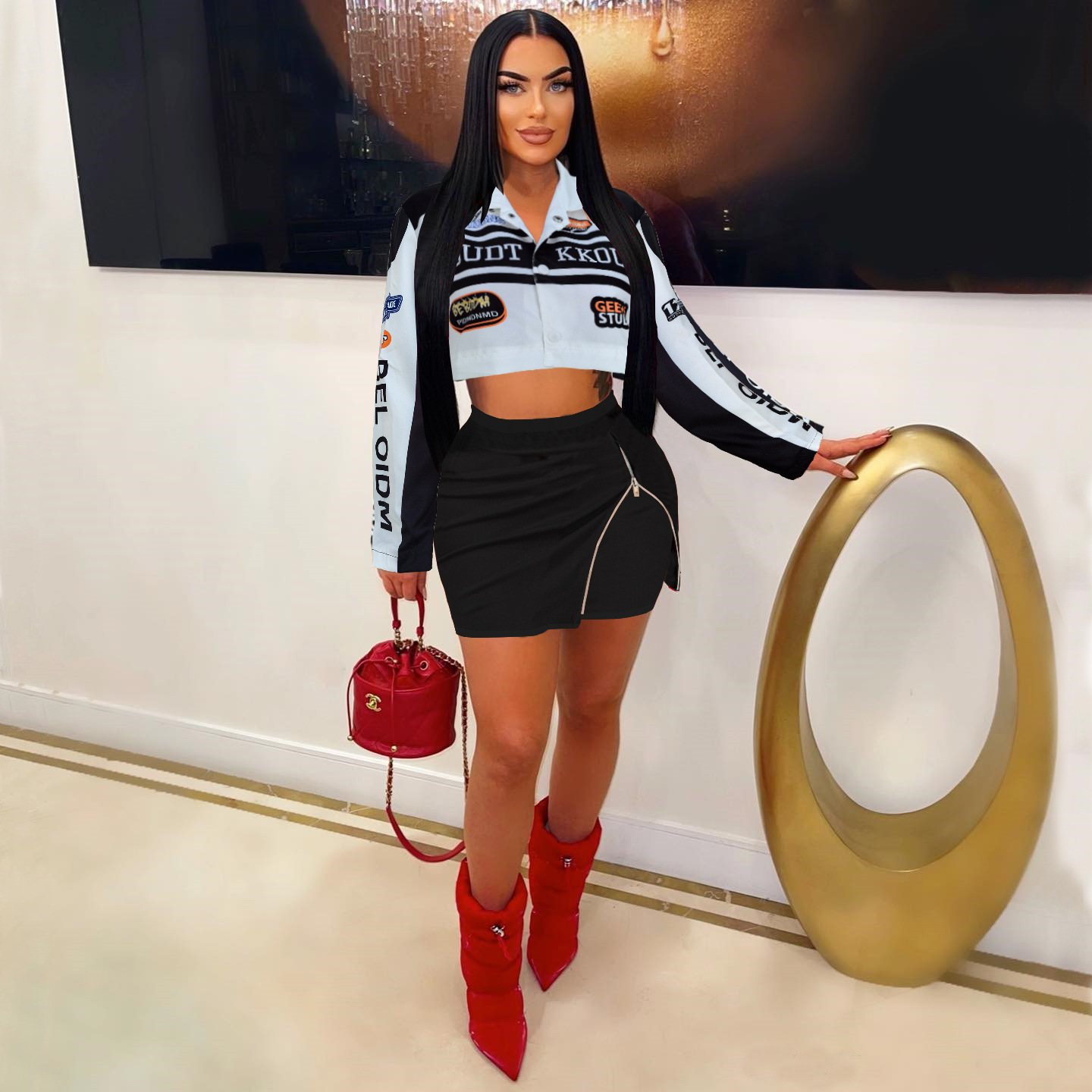 Fashion Casual Vintage Biker Baseball Jersey Zipper Skirt Two Piece Set