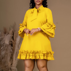 Fashion Plus Size Solid Color Temperament Stacked Sleeve Tie Ruffle Dresses