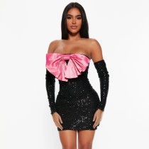 Fashion Slim Strapless Skinny Dress Pink Bowknot Gown Dresses