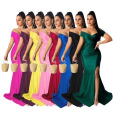 Sexy v-neck Cocktail Dresses Solid Color Big Split Long Dresses