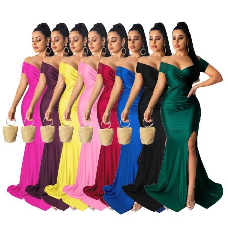 Sexy v-neck Cocktail Dresses Solid Color Big Split Long Dresses