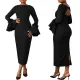 Solid color slim fit feather flared sleeve slit dress