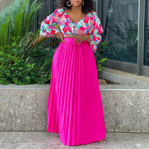 Fashion Large Size V-neck Printed Top Pleated Long Skirt Two Piece Set