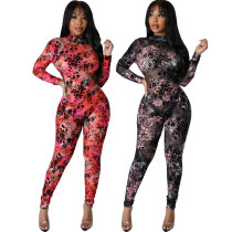 Sexy Fashion Mesh Printed Long Sleeve Jumpsuit