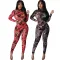 Sexy Fashion Mesh Printed Long Sleeve Jumpsuit