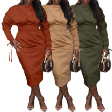 Sexy Plus Size Ruched Drawstring Sleeve Design Solid Color Dresses