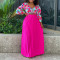 Fashion Large Size V-neck Printed Top Pleated Long Skirt Two Piece Set