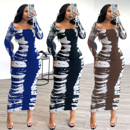 Sexy Plus Size Stretchy Hip Wrap Back Split Printed Tight Dresses
