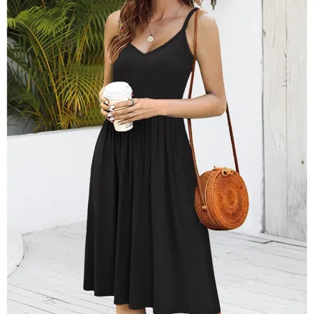 Fashion V-neck sleeveless halter solid color mid-length pleated dress