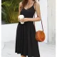 Fashion V-neck sleeveless halter solid color mid-length pleated dress