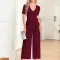 Fashion Tie Waist V-Neck Short Sleeve Wide Leg Nine Minute Jumpsuit