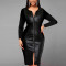 Fashion Zipper PU Leather V-Neck Mid-Length Long Sleeve Hip Dresses