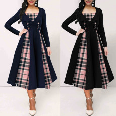 Fashion Large Size Plaid Splicing Double Breasted Long Sleeve Slim Dresses