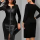 Fashion Zipper PU Leather V-Neck Mid-Length Long Sleeve Hip Dresses