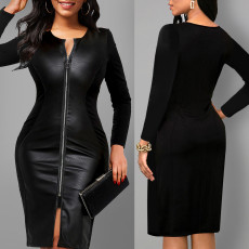 Fashion Zipper PU Leather V-Neck Mid-Length Long Sleeve Hip Dresses
