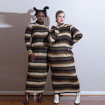 Fashion High Neck Thickened Milled Sawtooth Stripe Printed Long Sleeve Dresses