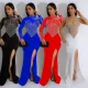 Fashion Solid Color Mesh Hot Drilling Split Long Dresses Dresses