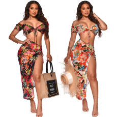 Fashion Printed Lace Up Sexy High Split Half Skirt Beach Dress Set