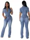 Stylish Tight Waist Slimming Stretch Hype Flower Wash Denim Jumpsuit