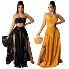 Fashion Sleeveless Wrap Split Long Dress Polka Dot Two Sets
