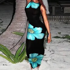 Fashion Round Neck Casual Long Sleeveless Digital Printed Dresses