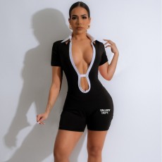 Sexy backless strappy collision collar tight one-piece casual shorts