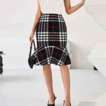 Fashion Plaid Tassel Knit High Waisted Hip Wrap Fishtail Half-body Skirt