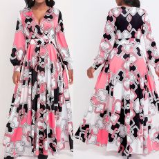 Fashion Plus Size Printed V-Neck Beltless Swing Dress