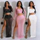 Fashion solid color mesh rhinestone long sleeve long dress two-piece set