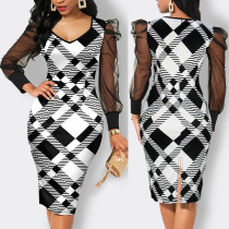 Sexy Plus Size Fashion Printed V-Neck Long Sleeve Mesh Dresses