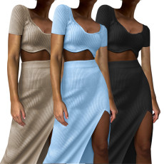 Fashion Short Sleeve Threaded Half Skirt Slit Sexy Two Piece Set