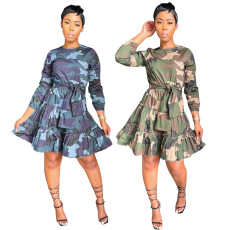 Fashion Long Sleeve Camouflage Printed A-Line Dress