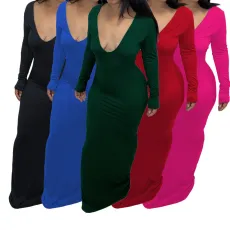 Fashion v-neck sexy solid color bottoming long sleeve dresses