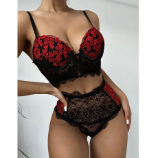 Erotic Lace Embroidered Heart See-Through Sexy Lingerie Set