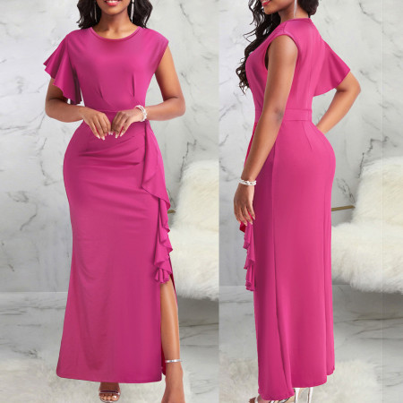 Sexy Fashion Solid Color Round Neck Ruffle High Waist Split Dresses