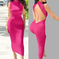 Fashion High Neck Sleeveless Backless Bag Hip Casual Dresses