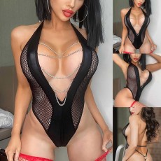 Sexy mesh see-through lingerie one-piece deep V erotic nightwear uniforms