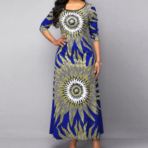 Fashion Round Neck Split Sleeve Printed Waist Long Dresses