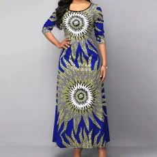 Fashion Round Neck Split Sleeve Printed Waist Long Dresses